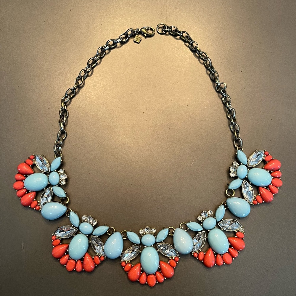 Banana Republic Turquoise, Coral, Crystal & Gold Tone Statment Necklace